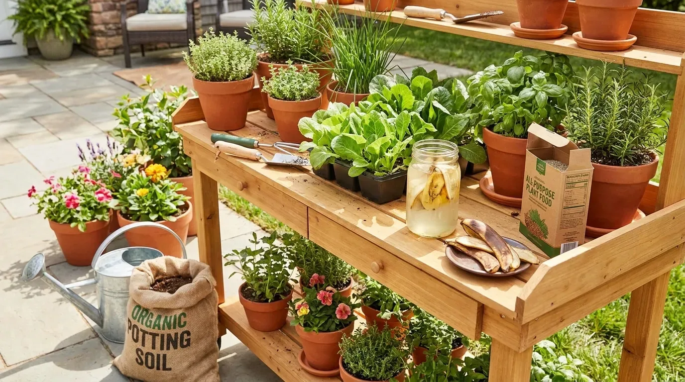 Potted plants with banana water as a gentle supplement