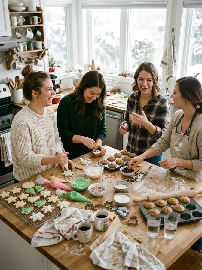 Friends decorating homemade winter cookies and cupcakes during a cozy baking party.