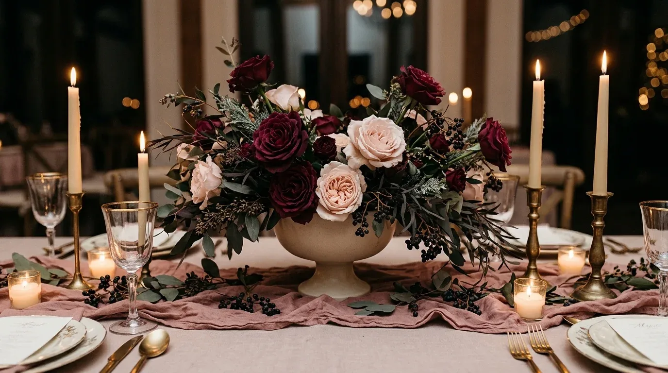 Romantic burgundy and blush winter wedding floral centerpiece with candles and gold accents.