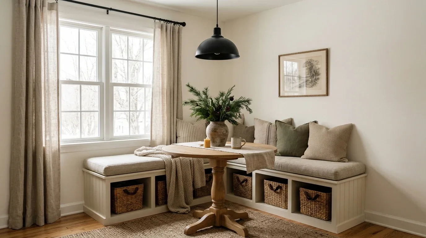 Small farmhouse dining nook with a round oak table, cushioned bench, and winter greenery.