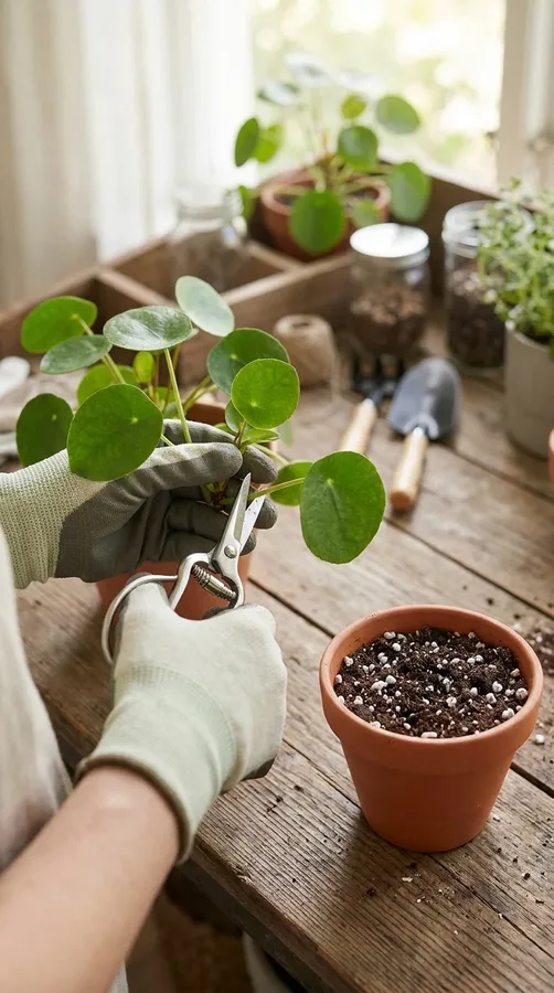 Preparing a Chinese money plant stem cutting for propagation.