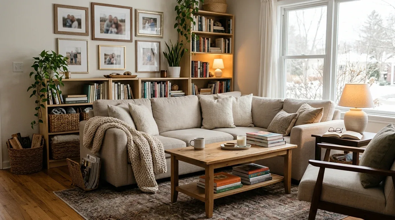 Personal and welcoming living room with family photographs, books, comfortable seating, and practical storage.