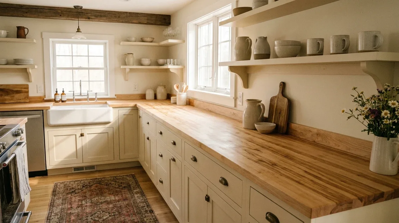 Maple butcher block countertop adding warmth to a farmhouse kitchen.