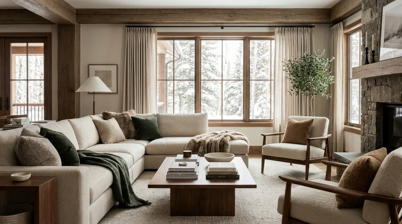 Warm neutral winter living room with beige textiles, walnut wood, and forest green accents.