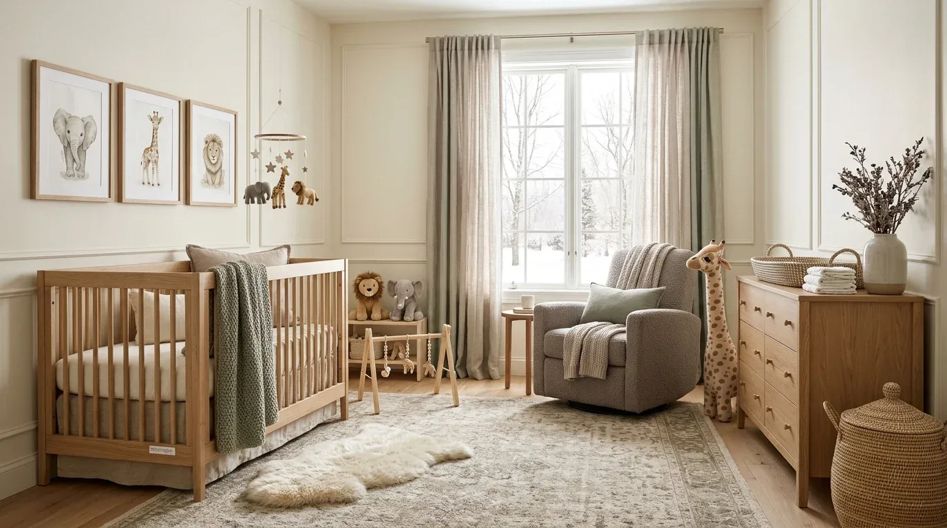 Oversized plush giraffe, elephant, and lion decorations in a safari nursery.