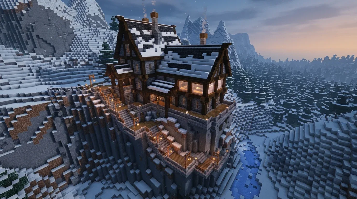 Minecraft cliffside winter house built into a snowy mountain with large windows, stone walls, and a valley view.