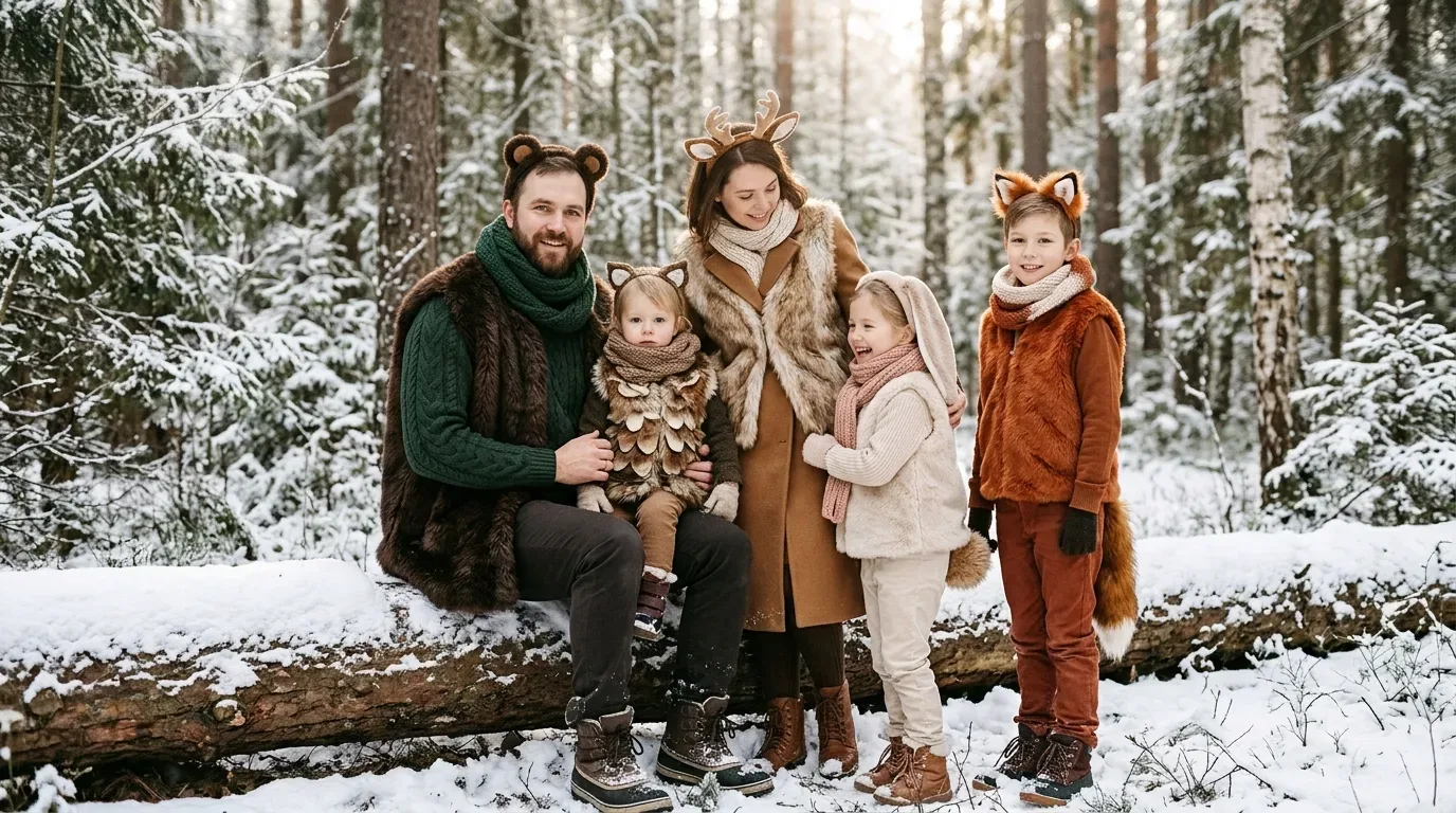 Winter woodland family costumes featuring foxes, bears, rabbits, deer, and owls.