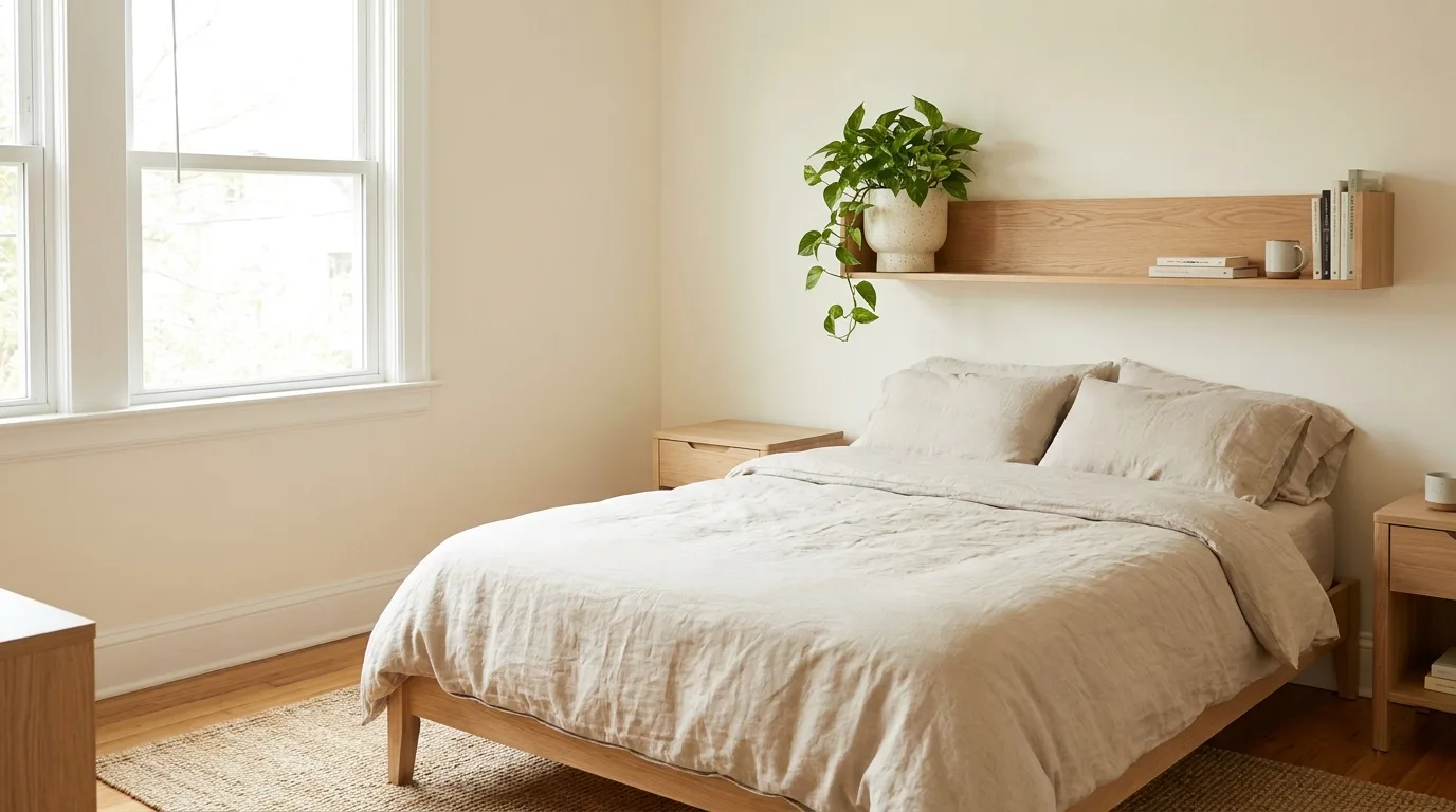 Small bedroom featuring a low-profile platform bed and streamlined furniture to save visual space.