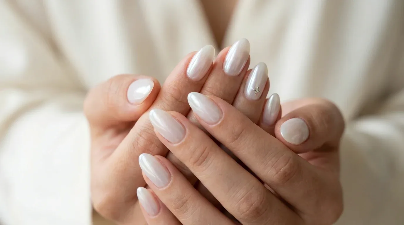 Milky white almond nails with a pearly glazed finish and a tiny silver star accent.