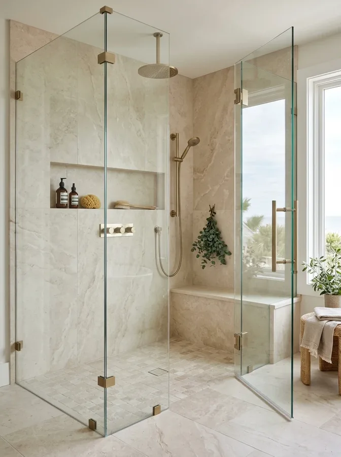 Coastal walk-in shower with pale stone tiles, frameless glass, and brushed brass fixtures.