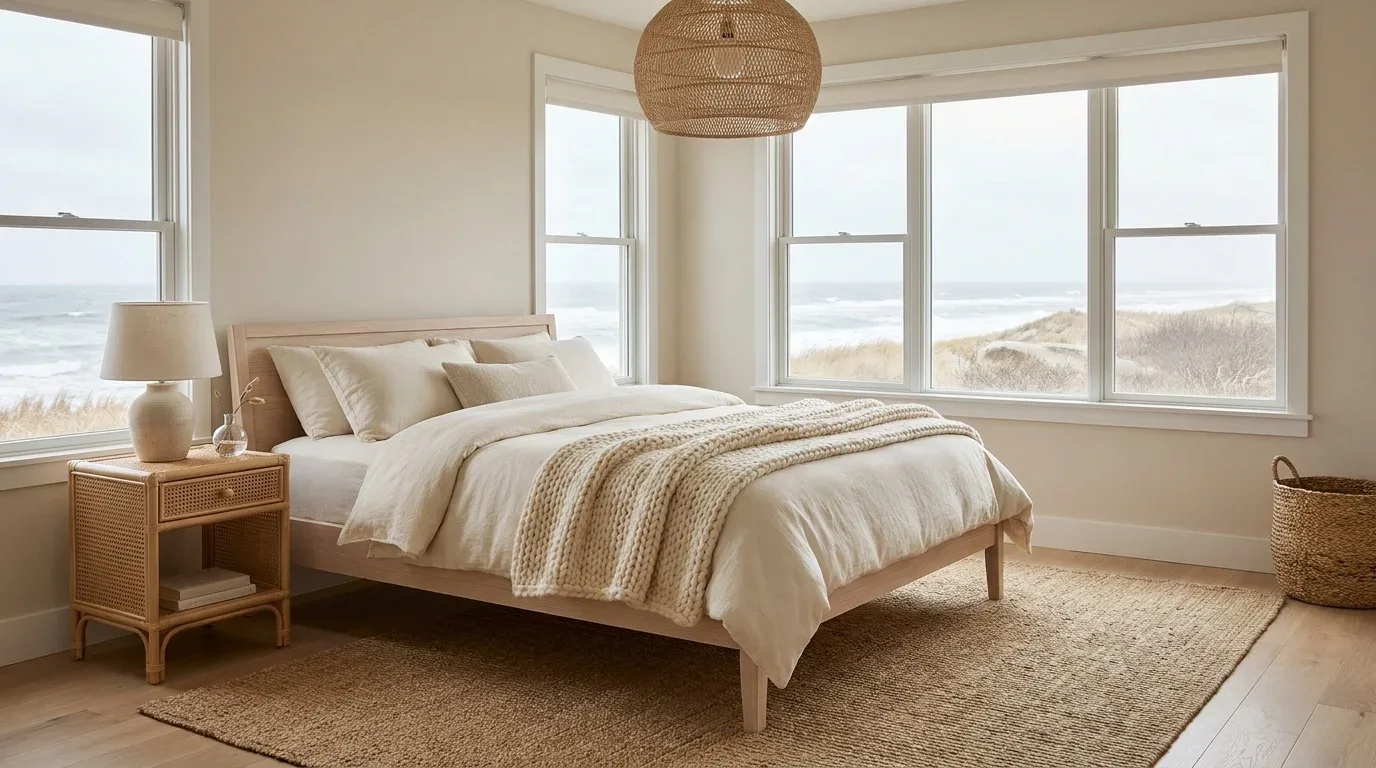 Coastal bedroom featuring a jute rug, rattan furniture, seagrass basket, and layered natural fabrics.