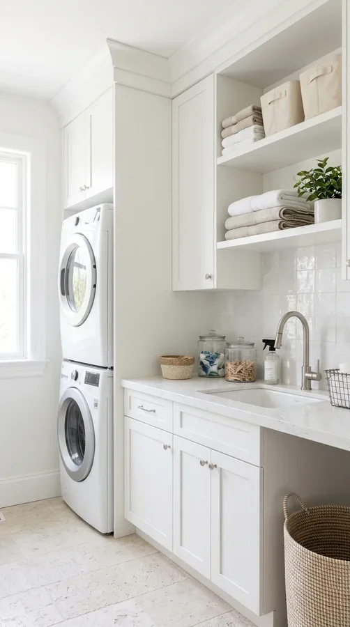 Bright white laundry room with stacked appliances and matching white cabinets.