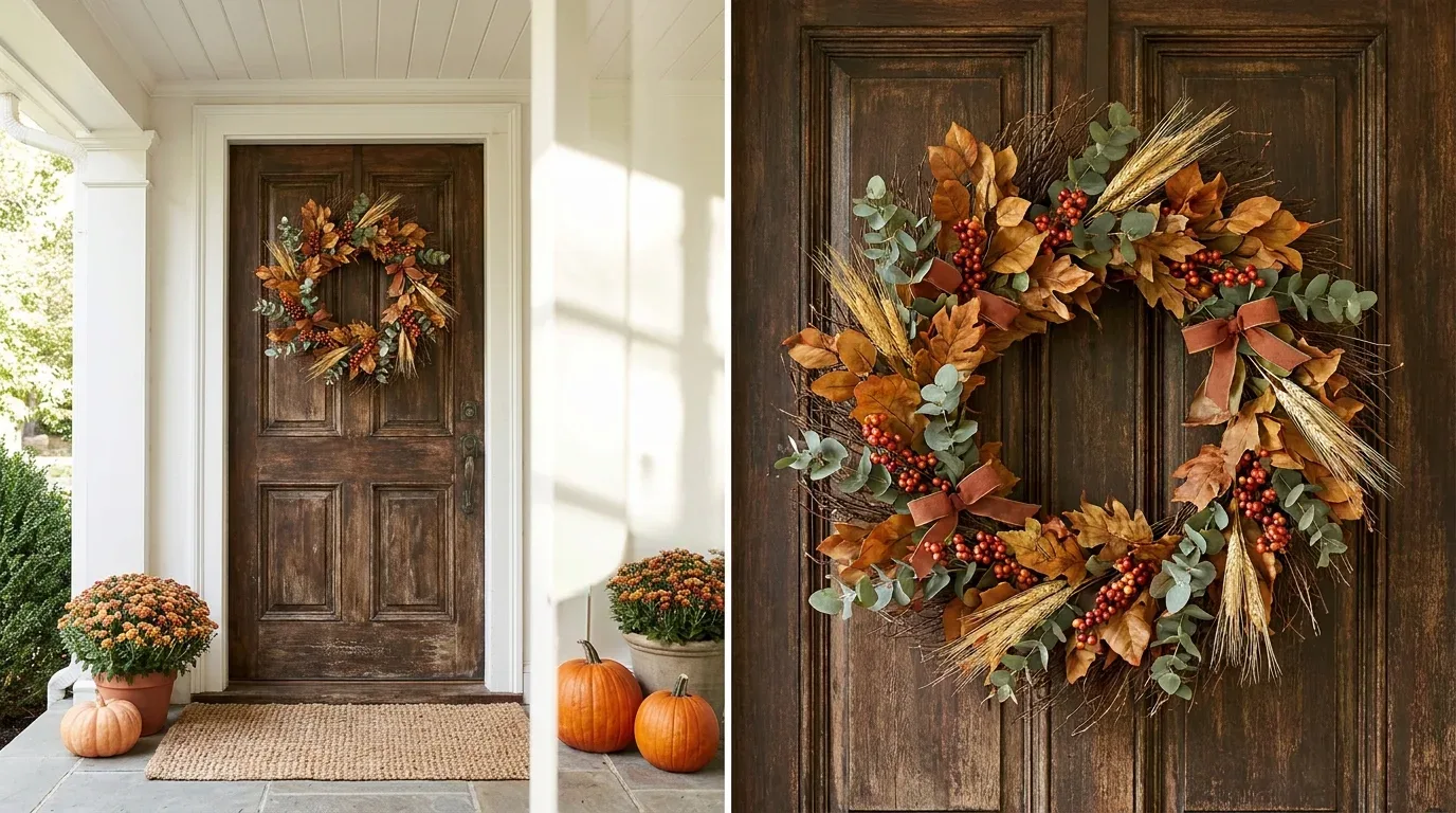 Natural autumn wreath with dried leaves, eucalyptus, wheat, and berries on a wooden front door.