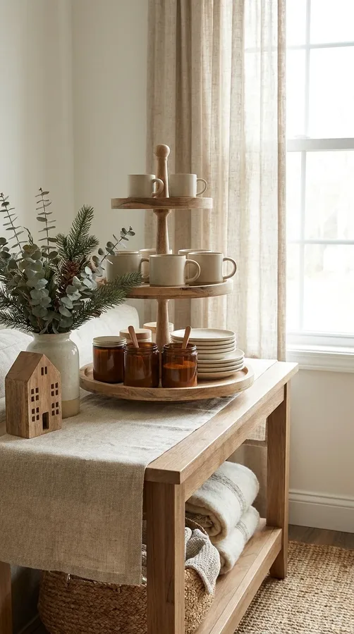 Neutral winter coffee tray with beige mugs, ivory ceramics, and natural wood details.