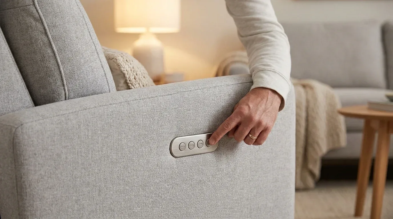 Close-up of electric controls used to adjust a power swivel rocker recliner.