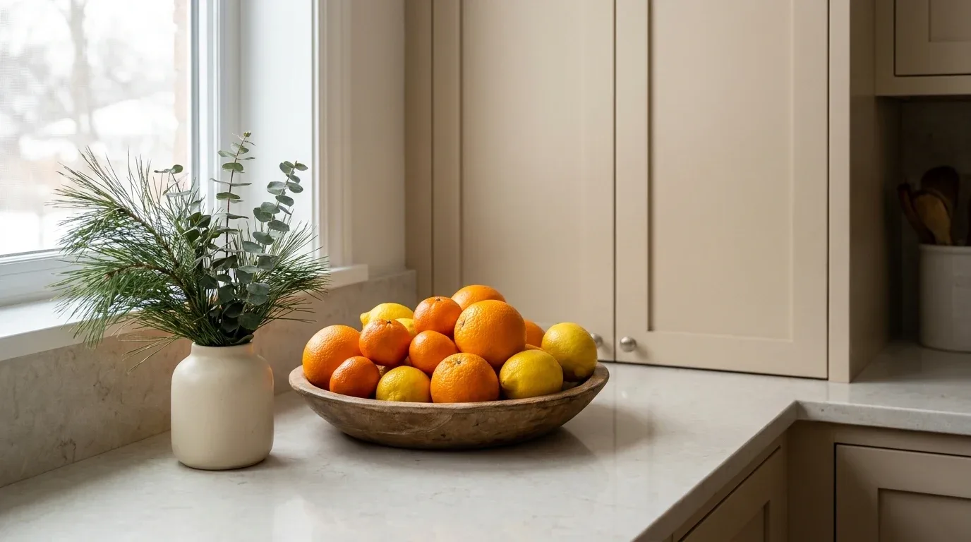A bowl of colorful winter citrus fruit brightening a neutral kitchen countertop