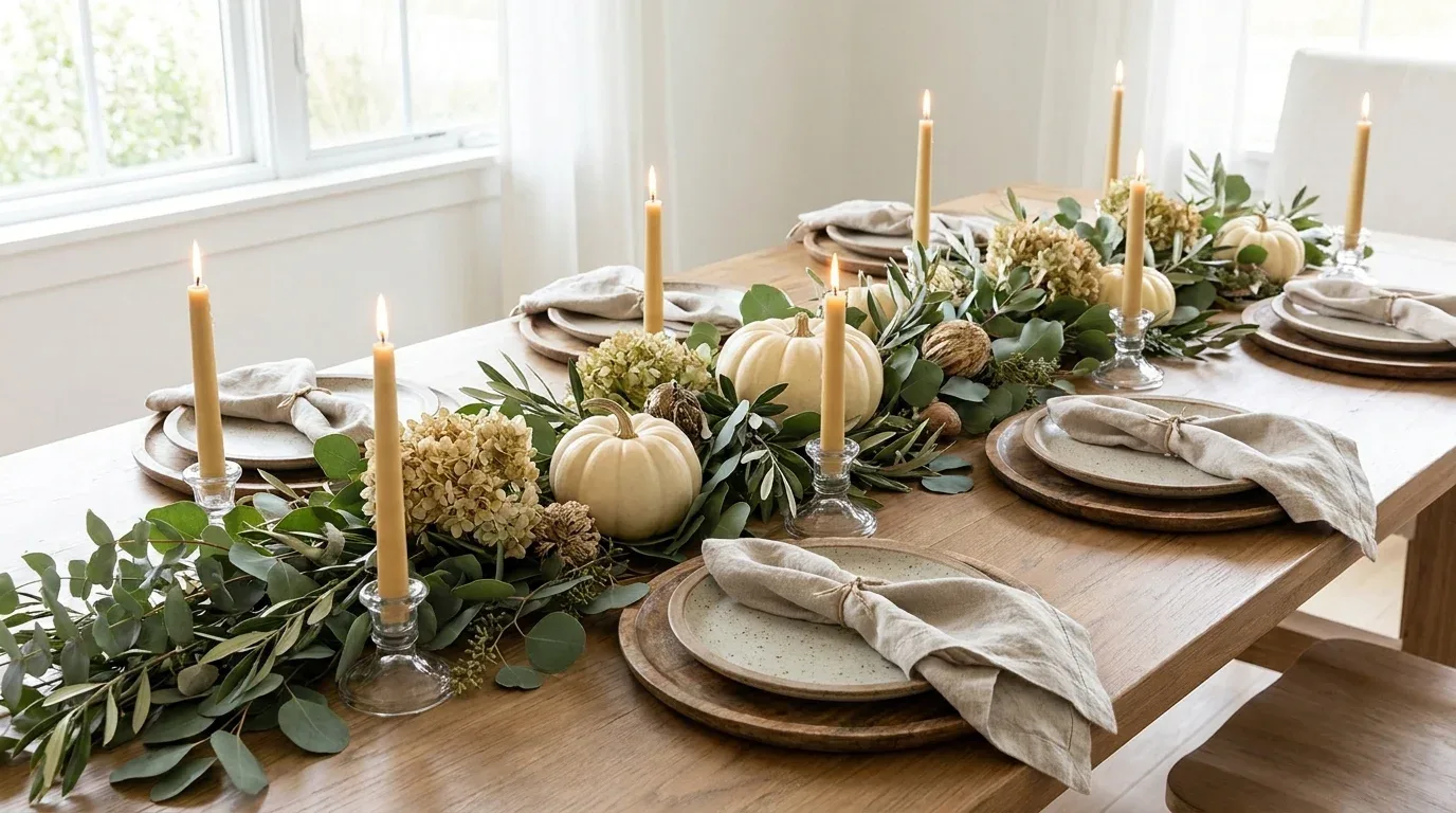 Natural Thanksgiving table with fresh eucalyptus greenery, cream pumpkins, linen, and stoneware.