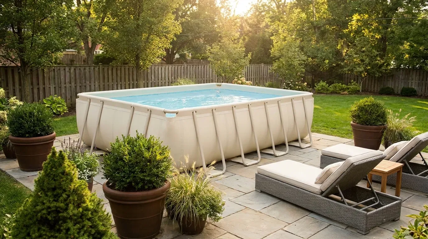 Resin-frame above-ground pool with neutral rails and coordinated patio landscaping.