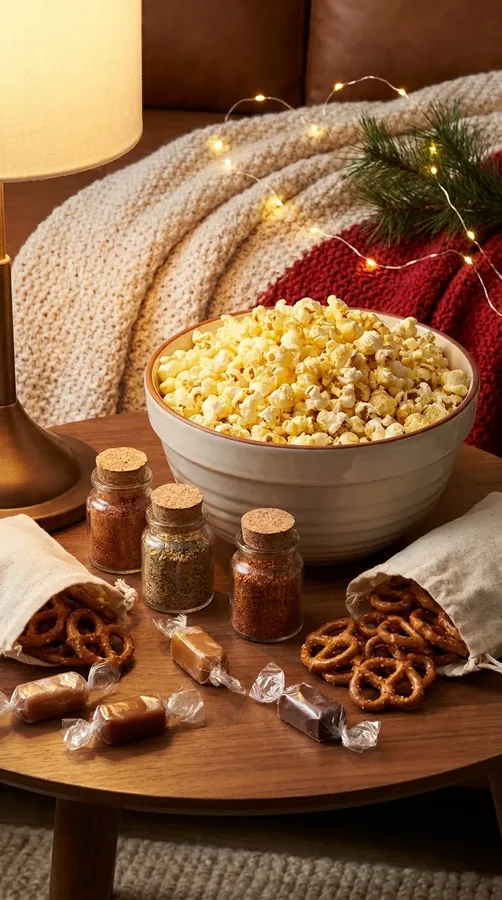 A movie-night Secret Santa gift with popcorn, seasonings, candy, and a cozy blanket.