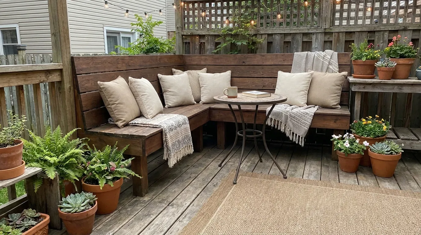 Outdoor rug defining a cozy budget deck seating area