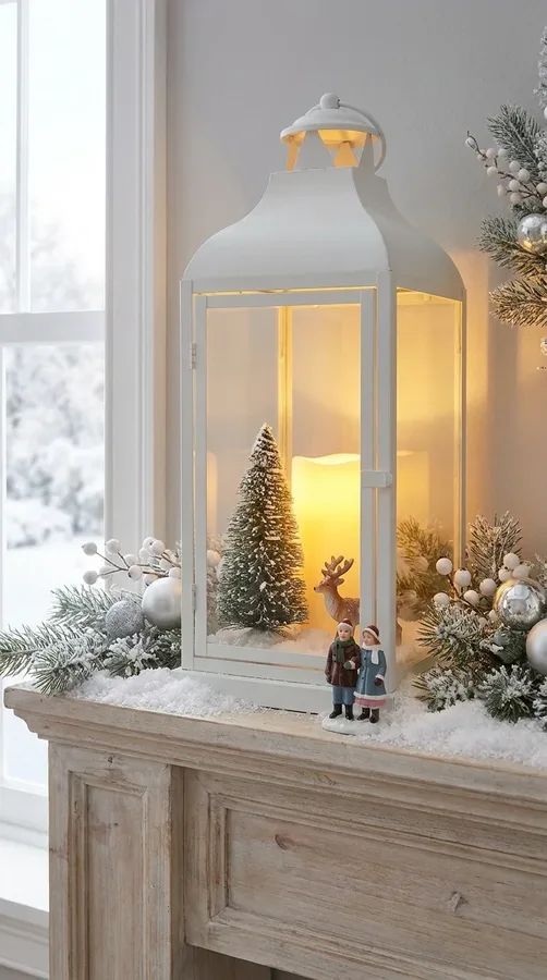 White Christmas lantern with a miniature snowy tree, winter figurines, and warm candlelight.