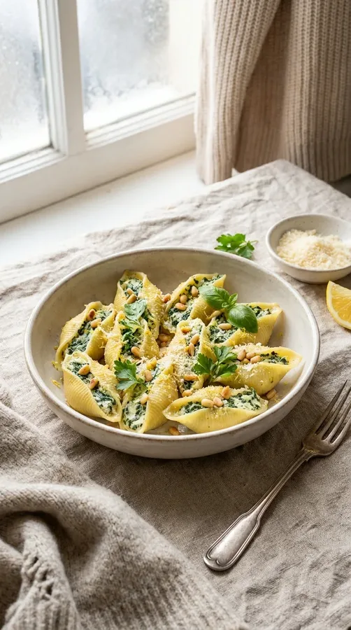 Creamy spinach and ricotta pasta with lemon zest, Parmesan, and toasted pine nuts.