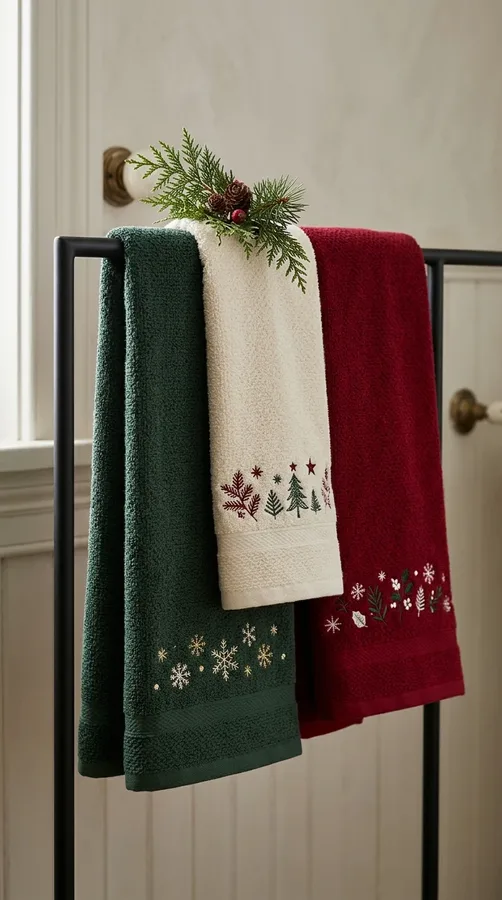 Warm-white fairy lights and evergreen greenery creating a cozy Christmas bathroom glow.