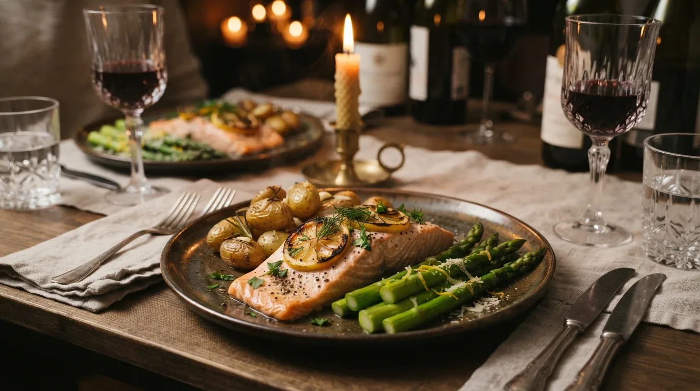 Herb-baked salmon with lemon, roasted potatoes, and asparagus for an elegant dinner for two.