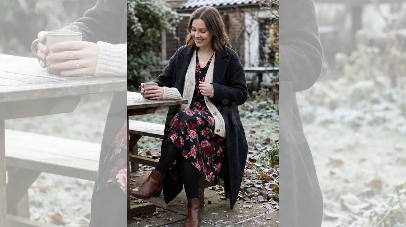 Cream knit sweater paired with a red midi skirt, tights, and ankle boots.