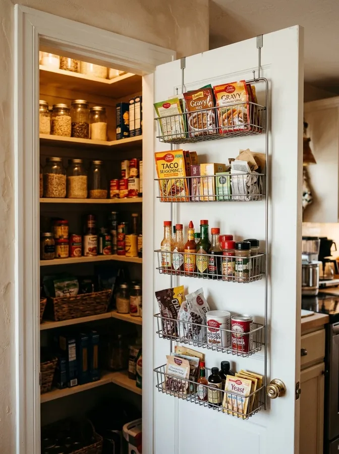 Over-the-door baskets provide extra storage for spices, tea, and small pantry items.