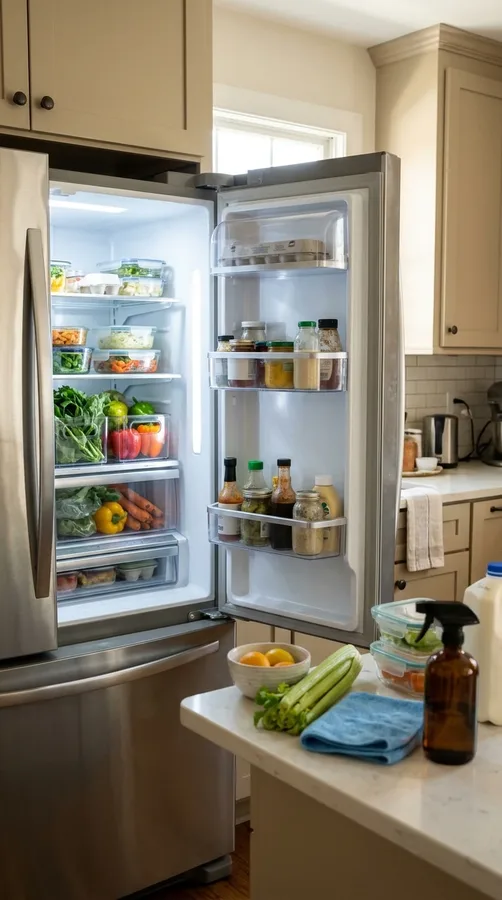 A refreshed pantry with clean shelves, organized food categories, and clear storage containers.