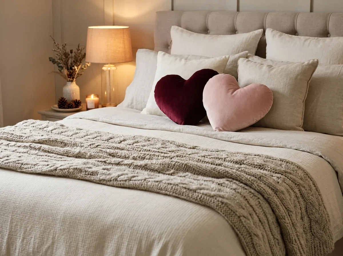 Burgundy and blush heart-shaped pillows styled on a cozy Valentine's Day bed.
