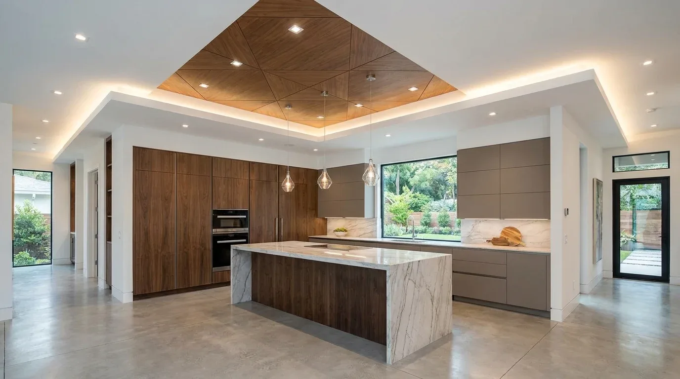 L-shaped false ceiling matching an L-shaped kitchen layout
