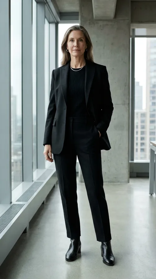 Monochrome black trousers, knitwear, blazer, and ankle boots for minimalist winter office style.