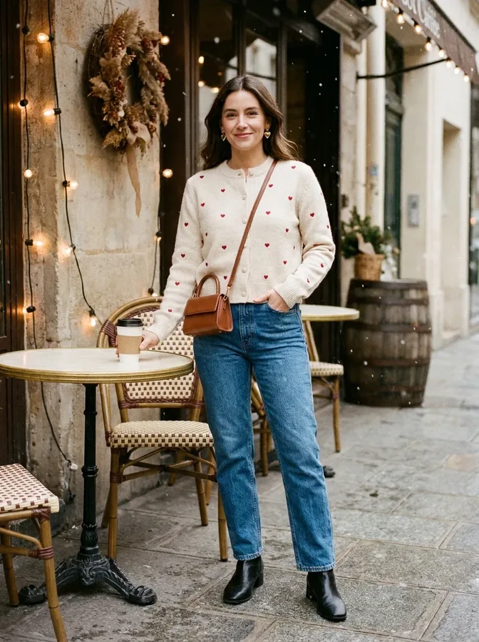 Pink tweed jacket and cream tailored trousers styled with elegant winter accessories.