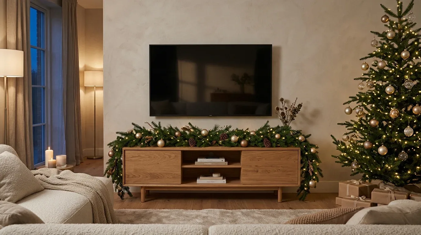 TV stand decorated with evergreen Christmas garland, pinecones, and subtle gold ornaments.