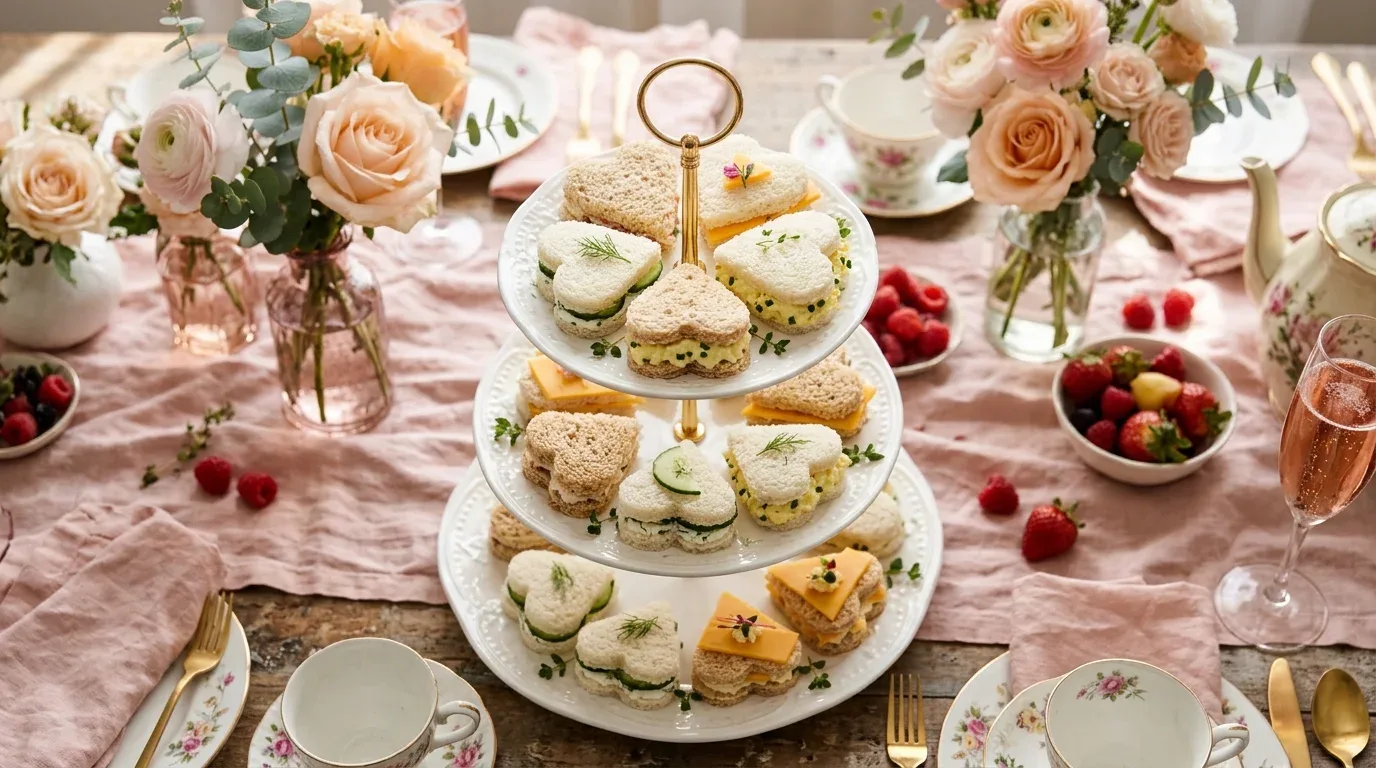 Heart-shaped tea sandwiches with assorted fillings arranged for a Galentine's brunch.