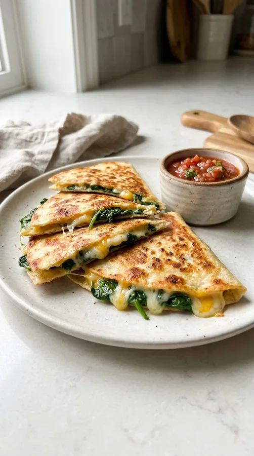 Crispy spinach and cheese breakfast quesadillas served with fresh salsa.