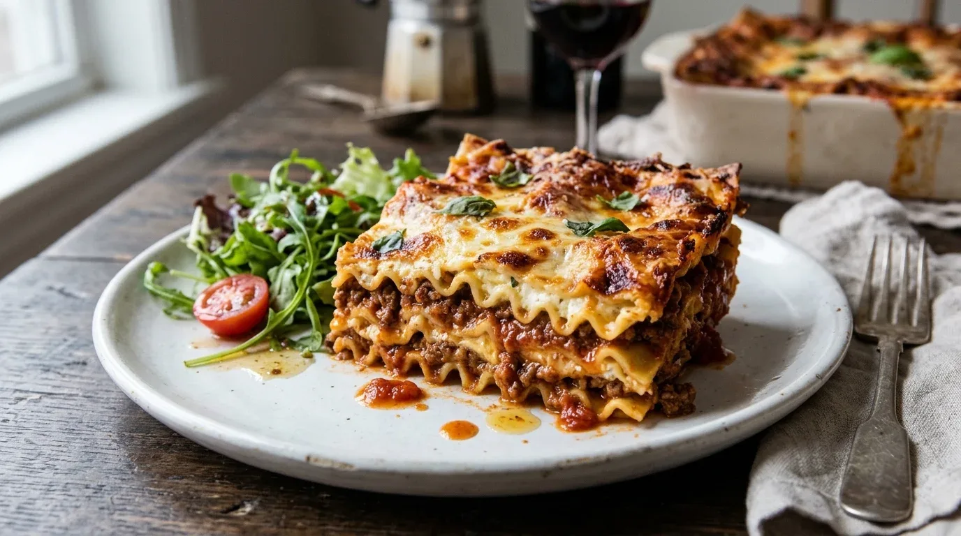 Baked ground beef lasagna with layers of tomato meat sauce, ricotta, pasta, and golden mozzarella.