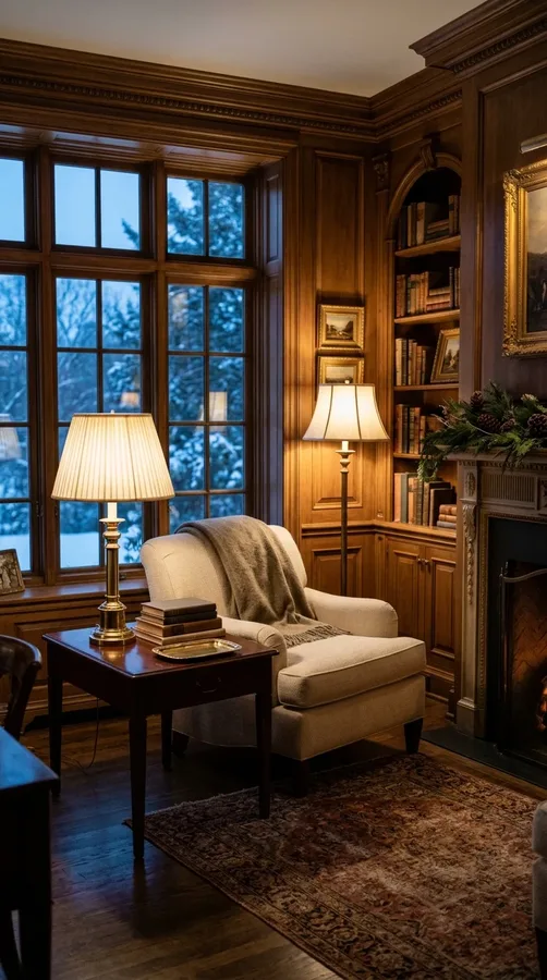 Warm layered lighting from classic lamps creates an intimate and elegant winter atmosphere.