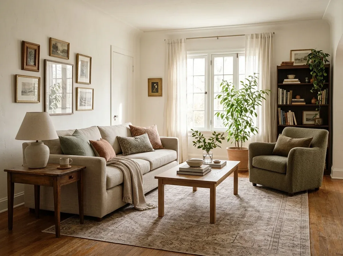 A living room with mixed but coordinated furniture finishes and textures for a collected look.