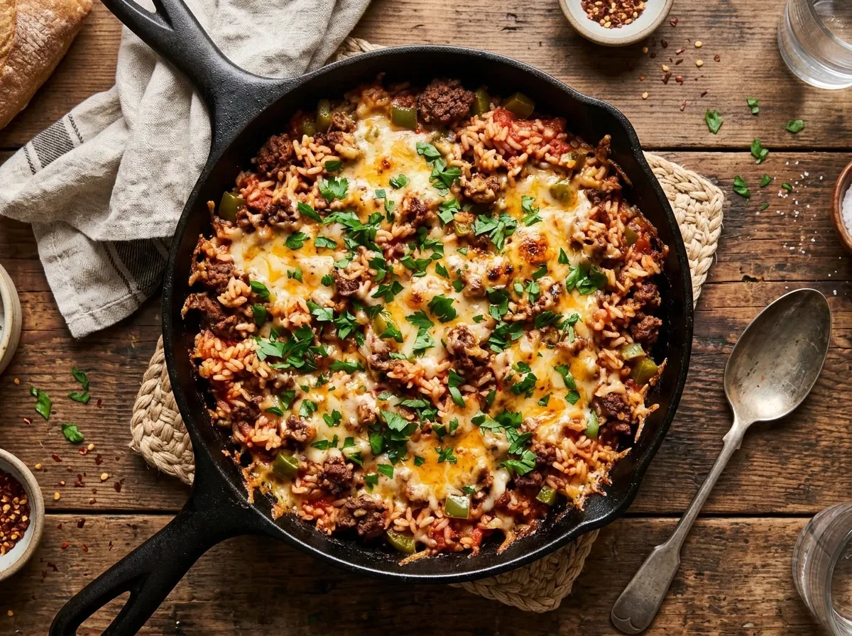 Cheesy beef and rice skillet with tomatoes, ground beef, melted cheddar, and colorful vegetables.