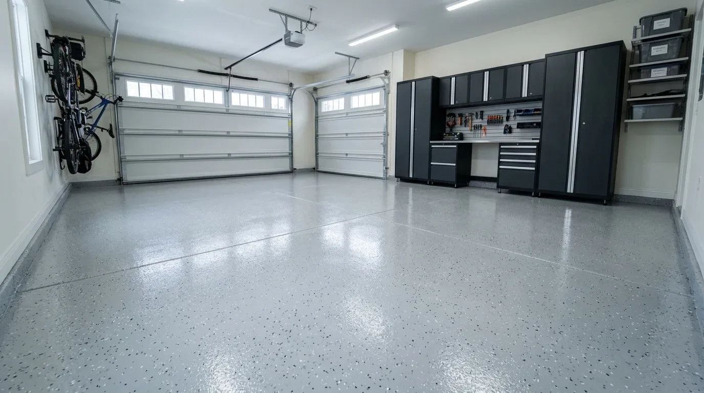 Clean garage with a light gray flake floor coating and coordinated modern storage cabinets.