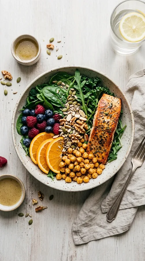 Colorful balanced foods providing protein, healthy fats, vitamins, and antioxidants.