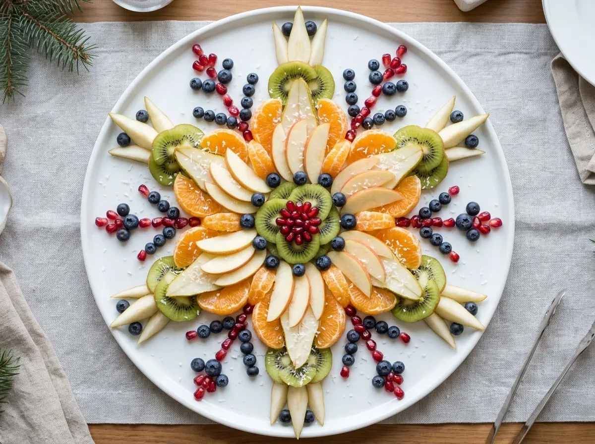 Snowflake-shaped winter fruit platter made with apple, pear, kiwi, oranges, blueberries, and pomegranate.