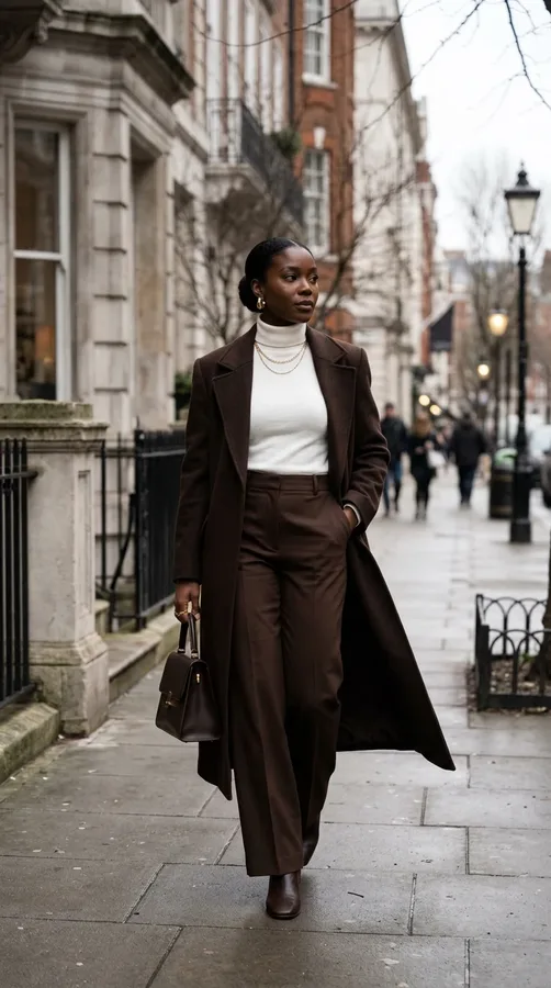 Black woman in a white turtleneck, chocolate brown trousers, and elegant winter outerwear.