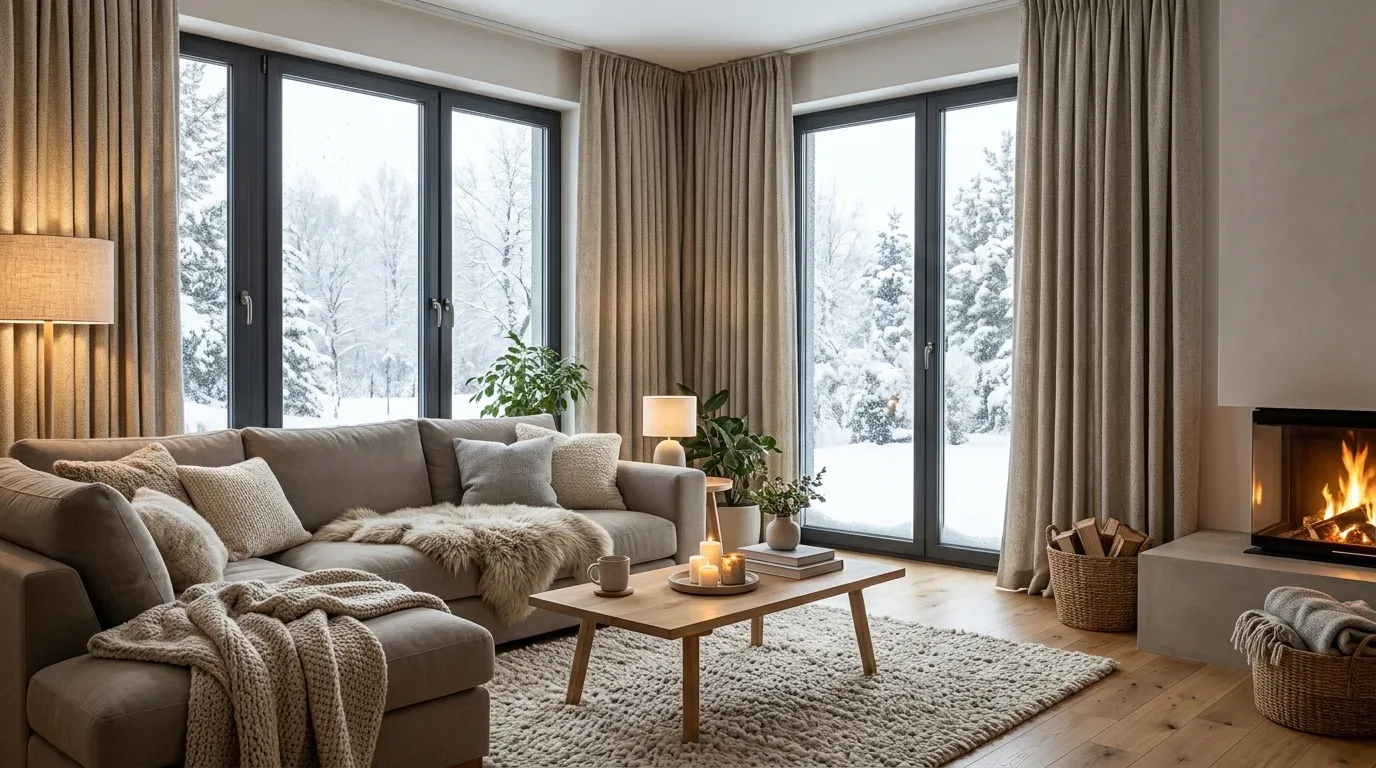 Energy-efficient windows and thermal curtains helping keep a winter living room comfortable
