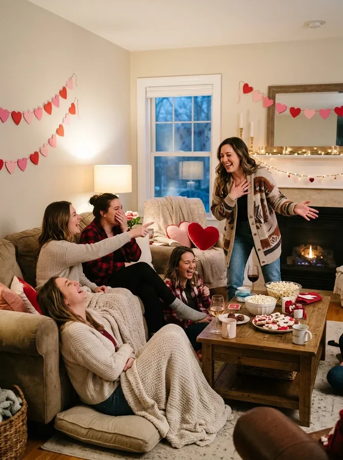 Friends acting out funny charades prompts at a winter Galentine's party.