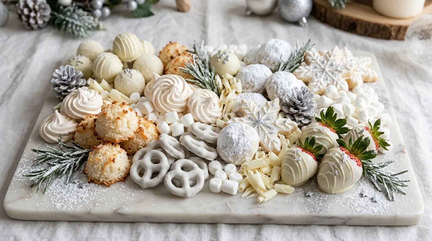 White winter dessert charcuterie board with meringues, coconut macaroons, white chocolate truffles, and pretzels.