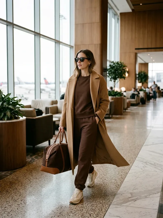 Chocolate brown tracksuit layered with a long camel coat and neutral sneakers for winter airport comfort.